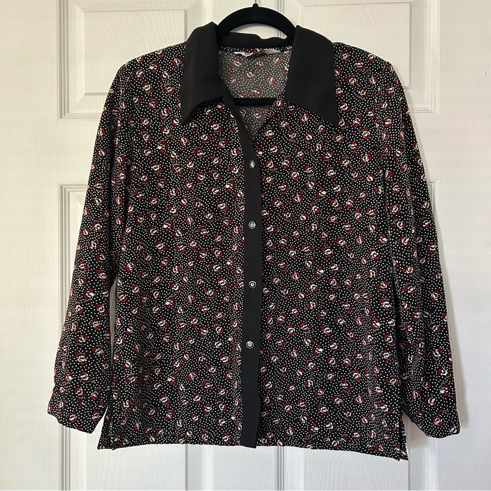 Vintage Black and Red Floral Button-Up Blouse